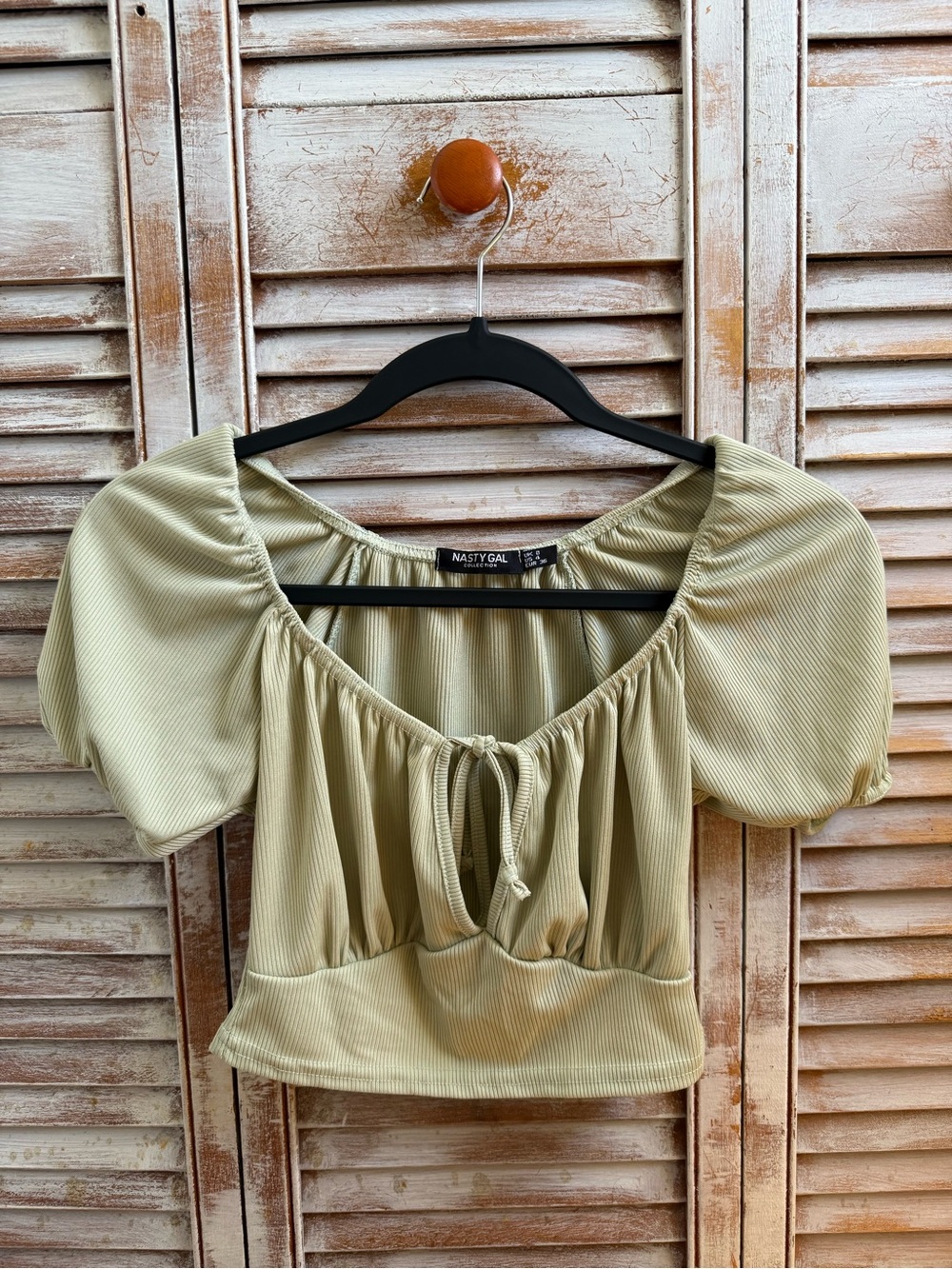 Nasty Gal Sage Puff Sleeve Ribbed Crop Top